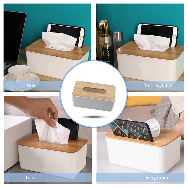 Napkin Case, Removable Bamboo/Wood Cover Plastic Tissue Box Holder Storage