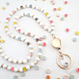 MyfavoriteK Smiley Teacher Lanyard for Women with Retractable ID Badge Reel and Keychain Cute Happy Beads Lanyard (White)