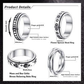 FUNRUN JEWELRY 4Pcs Stainless Steel Fidget Anxiety Ring for Women Men Fidget Spinner Rings Moon Star Celtic Stress Relieving Spinning Ring Wedding Band Rings Set Size 8
