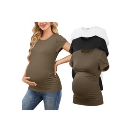 OUGES 3 Pack Women's 2025 Maternity Shirts Workout Tops Spring Summer Casual Fashion Tees Pajamas Homewear Short Petal Sleeve Side Ruched Pregnancy Must Have Clothes(White, Black, Camel,M)