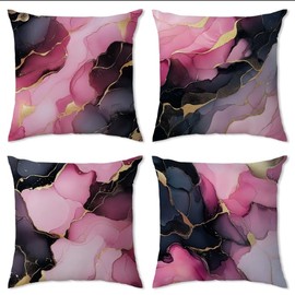 Abstract Pink Pillow Covers 18x18 Set of 4, Black and Gold Marble Throw Pillows Cover for Couch Modern Boho Colorful Liquid Texture Cushion Living Room Bedroom Sofa Bed Outdoor Patio Home Decorations