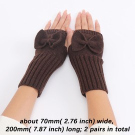 CABODYALS 2 Pairs Brown Knit Fingerless Gloves Winter Crochet Arm Warmers Sleeves Bowknot Soft Thumb Hole Gloves Knitted Hand Wrist Mitten Bulk for Women Writing Driving Texting Supply