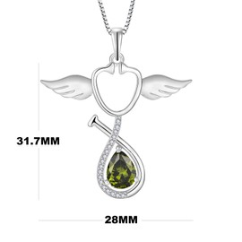 Aprila Women Necklace 925 Sterling Silver Guardian Angel Wings Stethoscope Pendant Necklace with Cubic Zirconia August Birthstone Peridot Color Jewelry Medical Doctor Nurse Jewelry