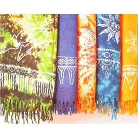 Kunsthandwerk Asien Sarong Stampbatik, Pareo, Hip Scarf, Wrap Skirt, Beach Towel, Yellow, Orange, Blue, Turquoise, Red and Light Green (Blue)