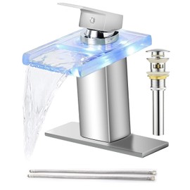 LED Bathroom Sink Faucet, Waterfall Single Handle Vanity Faucets for Sinks 1 or 3 Holes with Metal Pop Up Drain and 2 Water Supply Lines, Open Glass Spout by Bath Famoli (Chrome)