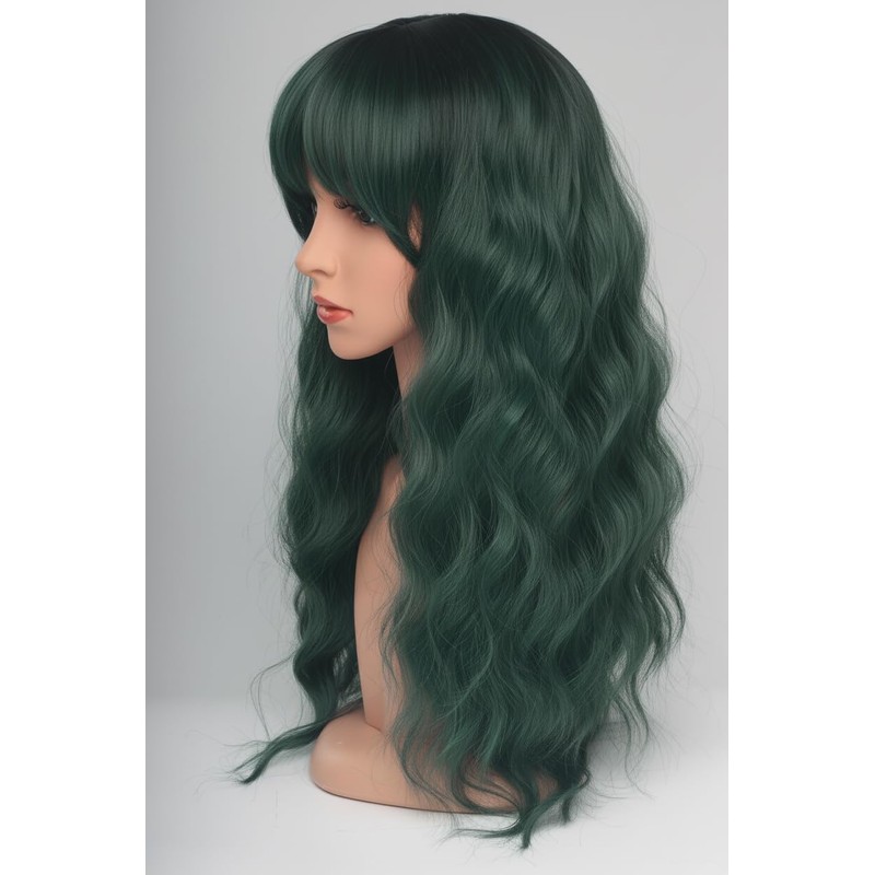 24 Inch Forest Green Wavy Wig with Bangs, Heat Resistant