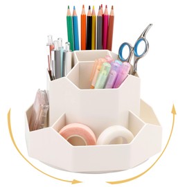 SAMSYOKI Rotating Pen Holder, 360° Rotating Desk Organiser, Rotation Pen Holder with 9 Compartments, Pen Holder Storage Box for Pens, Office Supplies, School Supplies, Makeup Brushes (Beige)