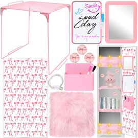 15 PCS Pink Locker Accessories Kit Back to School Locker Decorations Supplies for Girls with Locker Shelf Magnetic Wallpaper Whiteboard Mirror Organizer Markers Rug String Lights and Cute Bow Magnet