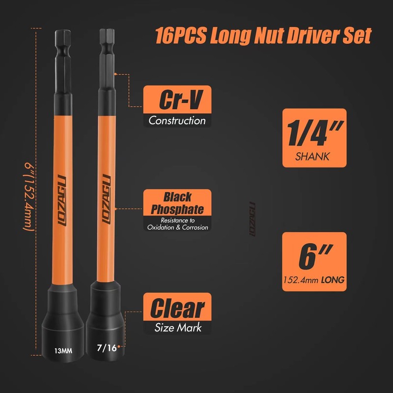 LOZAGU 16Pcs Long Magnetic Nut Driver Set for Impact Drill