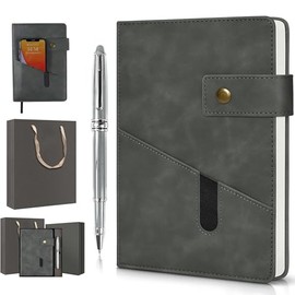 Miortior Libreta de Notas, Libretas Pasta Dura 5A con Bolsillos, Cuaderno de Notas Incluyendo Bolígrafos, Caja y Bolsa, Ideal para Oficina, Tomar Notas, Viajes de Negocios - Gris