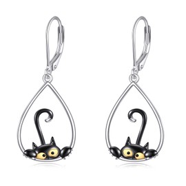 Black Cat Drop Dangle Earrings 925 Sterling Silver Lever Back Cat Jewelry for Women Christmas (Teardrop)