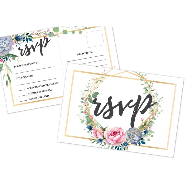 50 RSVP Cards, Blank, No Envelopes Required, Flowers Printing Floral, Wedding, Rehearsal, Bridal Shower Invitation Save The Date A2