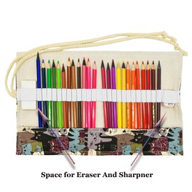 Lopenle Cat Colored Pencil Wrap Canvas Sketch Roll Up Holders Kitten Pencil Organizers for Artist Adult Coloring Travel Storage With 48 Slots(Animals)