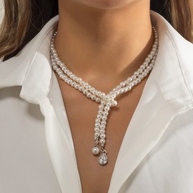 Missgrace Boho Women Wedding Party Prom Vintage Pearl Silver Gold Chain Chokers Multilayer Pearl Choker Necklace Pearl Simple Statement Bride Choker Necklace for Women (Y long 2 Tier)