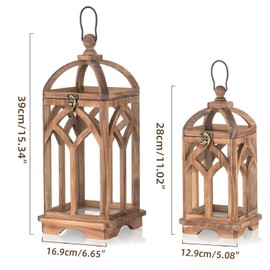 Staymoment Farmhouse Lanterns Decorative Indoor: 11" & 15" Set of 2 Brown Wooden Candle Holder Lanterns for Table Centerpiece Fireplace Mantle Home Decor