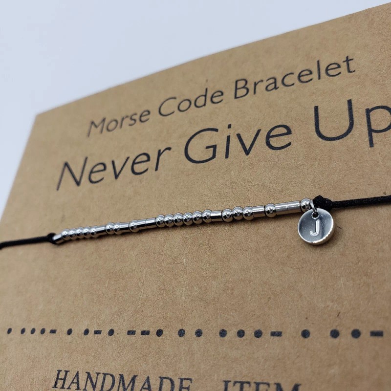 Morse Never Give Up Handmade Morse Code Black Corded Bracelet