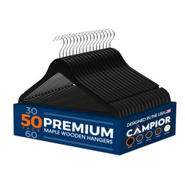 Campior Wooden Clothes Hangers - 50 Pack, Durable, Non-Slip, Space-Saving Hangers for Dresses, Coats, and More, Holds Up to 10 lbs with 360° Swivel Hook, Black Finish