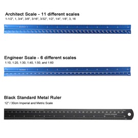 BTSKY 3 PCS 12" Architectural Scale Ruler with Standard Metric & Imperial Conversion Ruler, Aluminum Triangular Scale Measuring Drafting Tool Ruler, Laser Etched Metal Scale Ruler Set, Blue