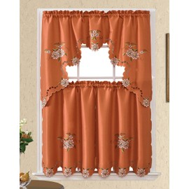 GOHD Cutwork Floral. Kitchen Curtain Set. Swag Valance and Tier Set. Nice Embroidery on Faux Silk Fabric with cutworks. (Rust)