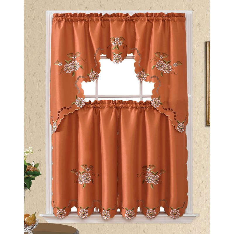 GOHD Cutwork Floral. Kitchen Curtain Set. Swag Valance and Tier