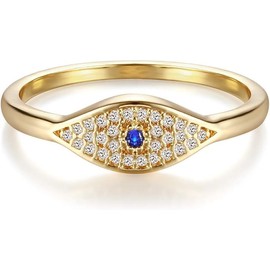 Gold Cubic Zirconia Blue Evil Eye Stacking Ring,14K Gold Plated Dainty Sapphireblue Colored Band Stackable Rings (7)