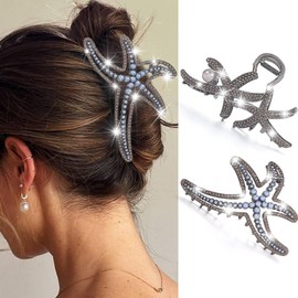 CAKURE Starfish Claw Clips Pearl Hair Clips Sparkly Hair Claws Rhinestone Hair Accessries for Women (Pack of 2) (b-black&black)