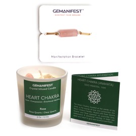 Gemanifest Heart Chakra Candle with Rose Quartz Bracelet, Rose Scented Crystal Candle for Love, Compassion and Emotional Healing, Self Care Gifts for Women, Meditation Gifts