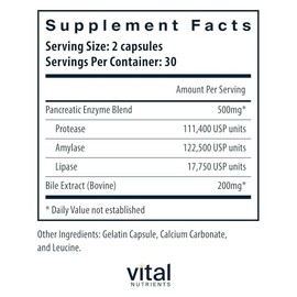 Vital Nutrients Pancreatin & Ox Bile Extract 500mg - Natural Digestive Enzymes for Women & Men - Supports Digestion of Protein, Fat, and Carbohydrates