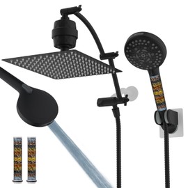 Hibbent All Metal 12'' Filtered Rainfall Shower Head Combo, High Pressure Handheld Shower Head with 16'' Adjustable Arc Extension Arm, 20 Stage Shower Filter, 10-spray, 71'' Shower Hose, Matte Black