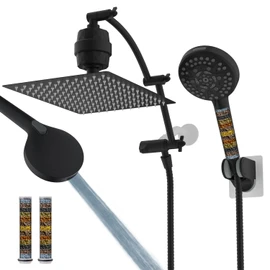 Hibbent All Metal 12'' Filtered Rainfall Shower Head Combo, High Pressure Handheld Shower Head with 16'' Adjustable Arc Extension Arm, 20 Stage Shower Filter, 10-spray, 71'' Shower Hose, Matte Black
