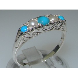 Victorian style 925 Sterling Silver Natural Turquoise & Cultured Pearl Womens Band Ring - Size J