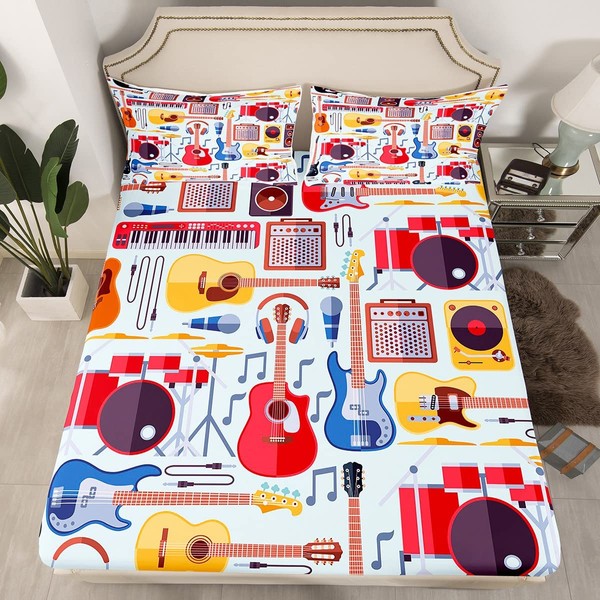 Manfei Musical Kids Fitted Sheet Twin Size, MusicalGuitar Radio Drum