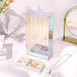 Cirhy Iridescent Necklace Holder Organizer for Women & Girls, Rotating Acrylic Jewelry Display Stand with Velvet Tray, Dustproof Necklace Organizer Box, Great Gift for Her