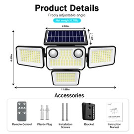 SZPOWER 4500LM Solar Lights Outdoor Waterproof, 254 LED Solar Flood Lights Outdoor with 2 Motion Sensor, 4 Heads Security Light with Remote Control for Yard Outside House Garage 4 Pack