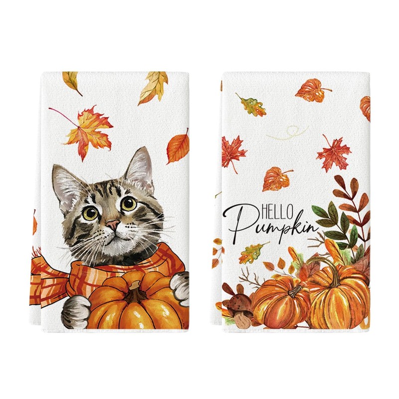 Artoid Mode Cat Leaves Hello Pumpkin Autumn Dish Towels 42x65