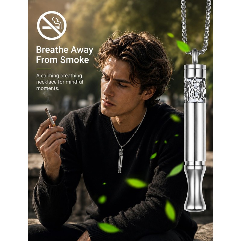 BOLAGTIER Breathing Necklace Stop Smoking Aid with Flavor Filter (Silver)