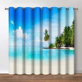Jekeno Ocean Beach Blackout Curtains - Blue Sky Sea Tropical Decor, Summer Hawaii Palm Tree Theme Grommet Window Drapes for Bedroom Living Room, 42 Wide 54 Long inches, 2 Panel Set