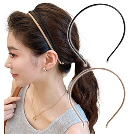 Herbeluemily Headband Hair Band, Faux Leather, Fine, Stylish, Adult, Casual, Simple, Korean Style, Set of 2, B, Black + Milk Tea