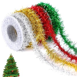 4 Rolls Christmas Garland, 6m/19.6ft Christmas Tinsel Ribbon christmas tree tinsel for Xmas Christmas Tree Wedding Birthday New Year Party Decorations DIY Craft Supplies