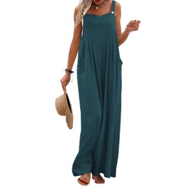 YESNO Women's Summer Casual Overalls Loose Wide Leg Jumpsuits Boho Baggy Rompers L PZH Solid Lake Blue