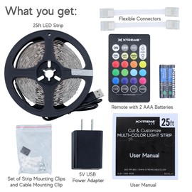 Xtreme Multicolored LED Strip Lights with Remote, 25 Foot RGBW Lights Strip with Adhesive Backing, Cut & Reconnect, Dimmable, 15 Colors, 225 LED Lights, 4 Modes Including Strobe, Flash, Fade & Smooth