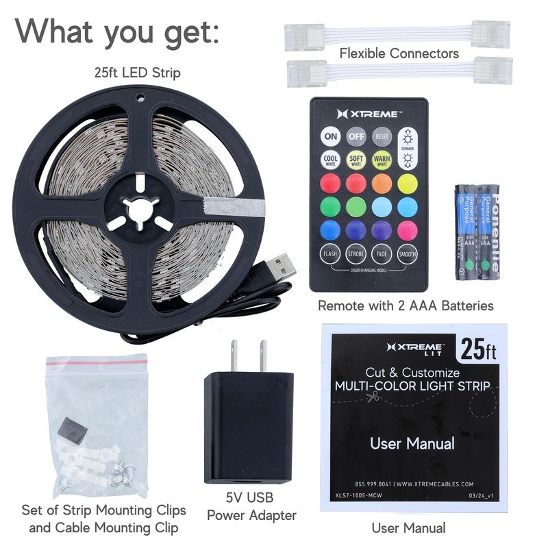 Xtreme Multicolored LED Strip Lights with Remote, 25 Foot RGBW