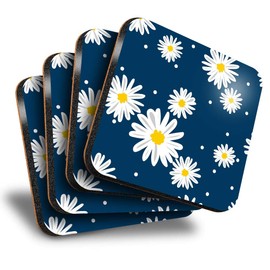 Destination Vinyl ltd Great Coasters (Set of 4) Square - Pretty Daisy Flowers Navy Floral Drink Glossy Coasters/Tabletop Protection for Any Table Type #13172