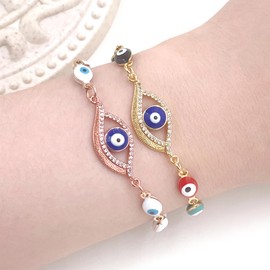 Oneress Rose Gold Evil Eye Protection Bracelet, Elegant White-Blue Enamel Link Chain Blessing Bracelet with Brass Eye Design Bracelet Gift for Women YA4894