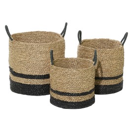 Deco 79 Seagrass Handmade Decorative and Functional Storage Basket Two-Toned Brown Basket Organizer with Handles, Set of 3 Basket for Storage 18", 17", 14"H, Black