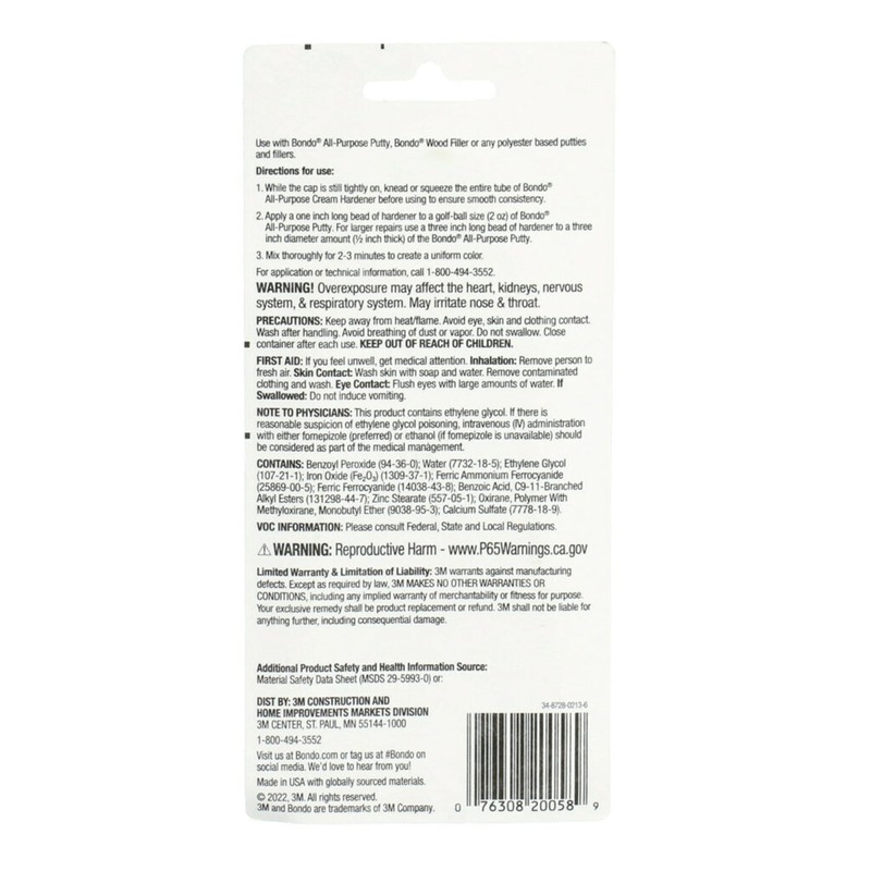 Bondo Cream Hardener, 2.75 Oz, For Use With All Bondo