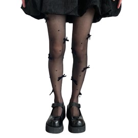 SOLILOQUY Women Y2K Lolita Sheer Tights Bow Knot High Waist Footed Pantyhose Stockings See-Through Stretchy Leggings (A Black Bow Knot Tights, One Size)