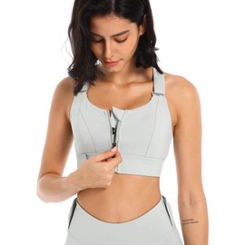 SEAUR Sports Bra, Fixed Chest Padding, Front Zip, Women's Bra with Adjustable/Not Adjustable Straps, Training Bustier for Running, Yoga, (Style 1, Adjustable) Grey 1