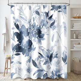 MAYZUS Extra Long Shower Curtain 72 x 84 Inch, Tall Watercolor Floral Fabric Shower Curtain, Modern Abstract Navy Blue Flower Bathroom Shower Curtain Set with Hooks