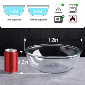 NUTRIUPS 6.4QT Large Glass Mixing Bowl, Large Salad Bowls, Big Glass Bowls for Sourdoug, Salad and Storage, Dishwasher, Microwave and Freezer Safe